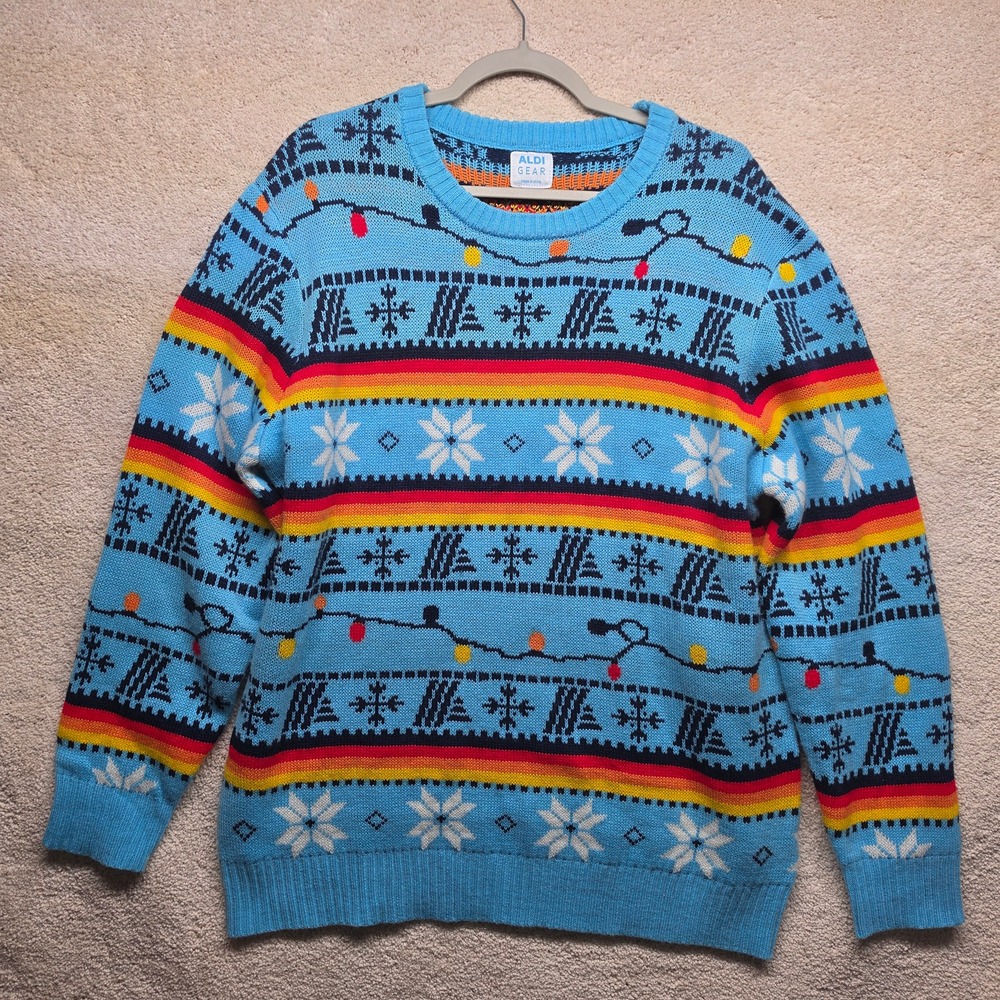 Aldi Gear Ugly Christmas Sweater Blue Fair Isle Snowflake Holiday Lights Mens L
